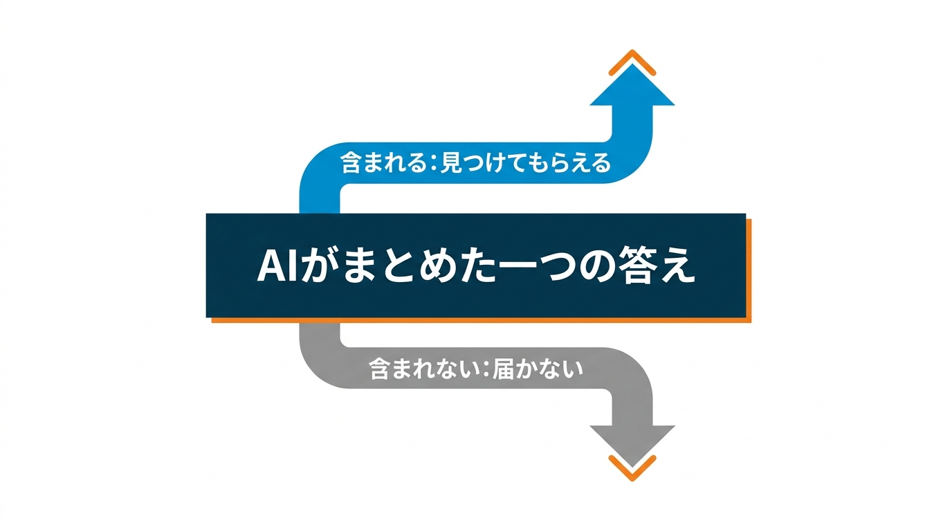 AIがまとめた一つの答えに含まれれば見つけてもらえ、含まれなければ届かない、という二方向の分岐を示した図