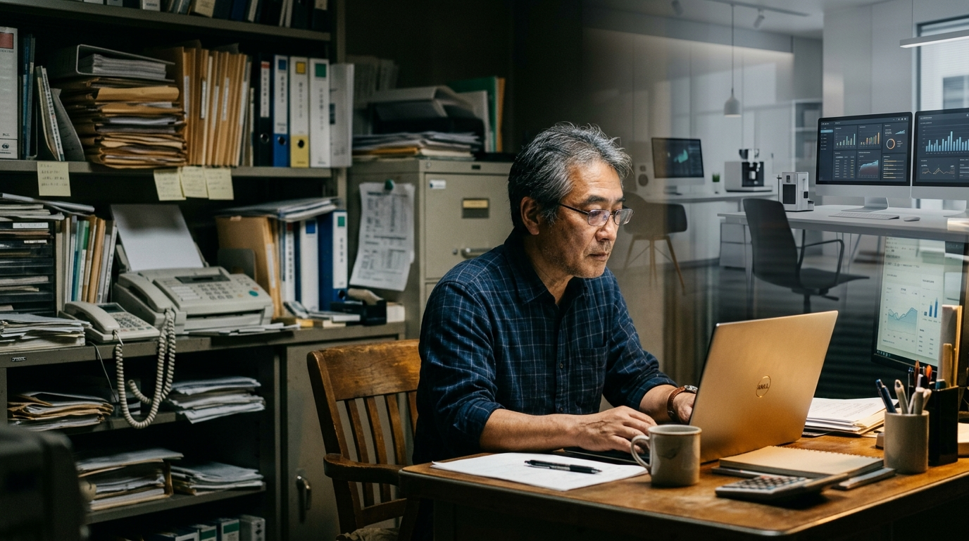 AIを前に思案する中小企業の経営者。紙書類が積まれたアナログな机と、画面の光だけが照らす静かなオフィス