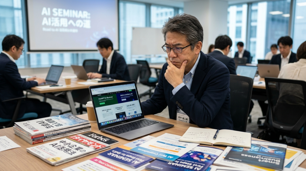 AIに興味はあるが何から始めればいいかわからない中小企業経営者のイメージ