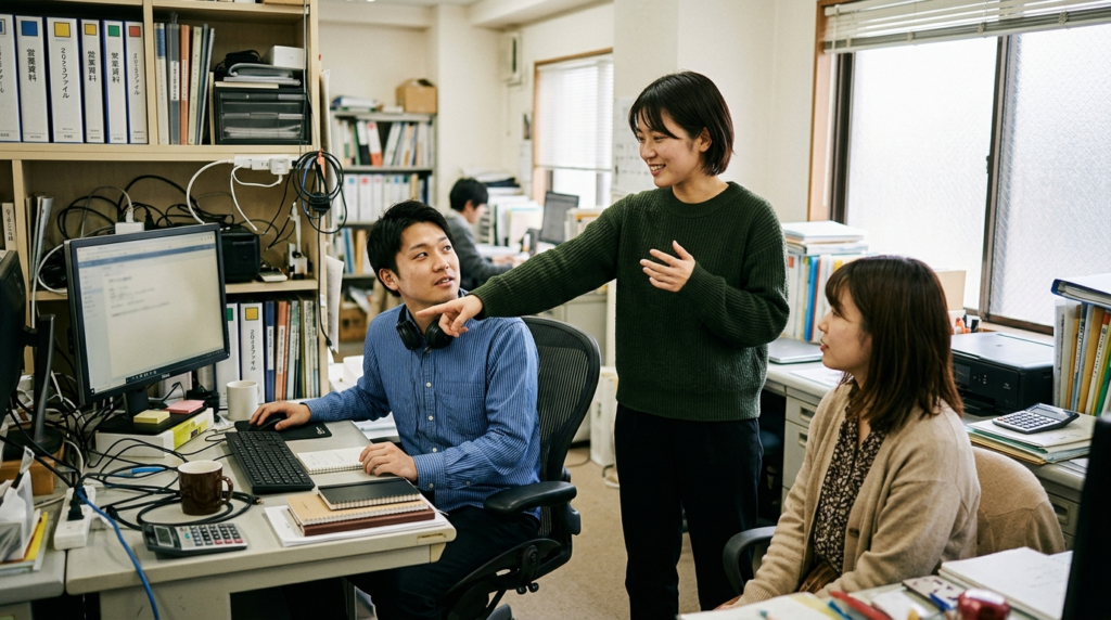 社内でAI活用の橋渡し役を担う社員が、同僚のデスクで画面を指しながら自然に説明している様子