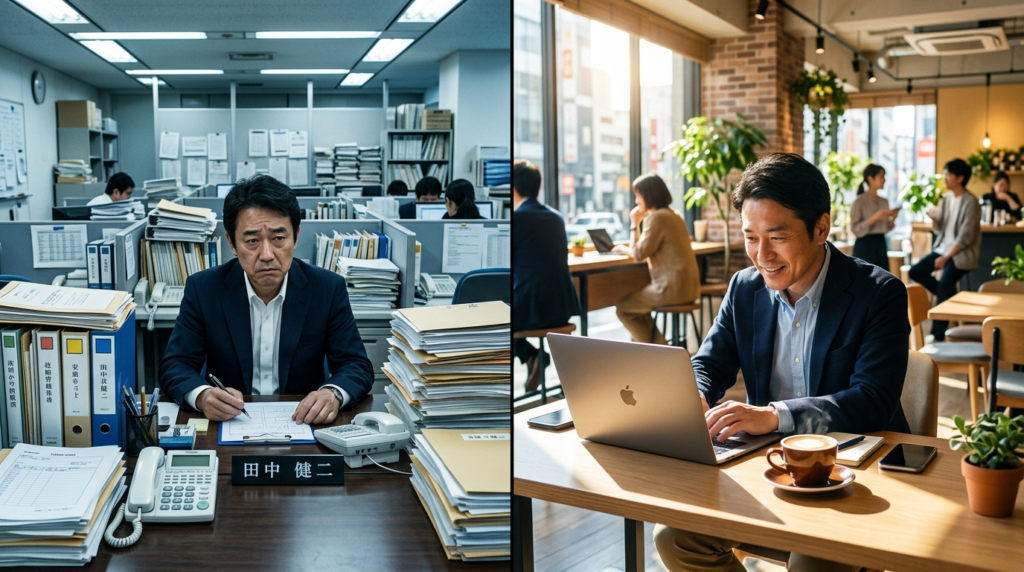 紙の書類に囲まれ躊躇する経営者と、ノートパソコンに前のめりで向かう経営者の対比