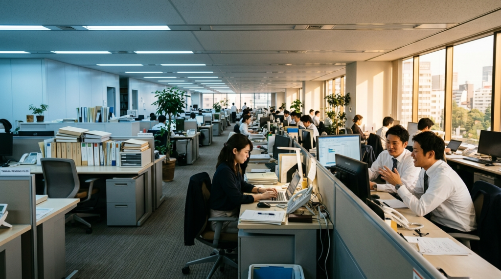 未整理の書類コーナーからノートPC作業、共同作業まで、AI活用の段階が混在する中小企業のオフィス全景