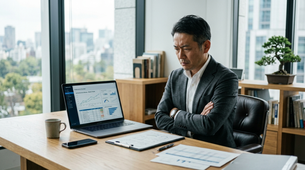 AI活用の次の一手がわからず一人で悩む中小企業経営者のイメージ