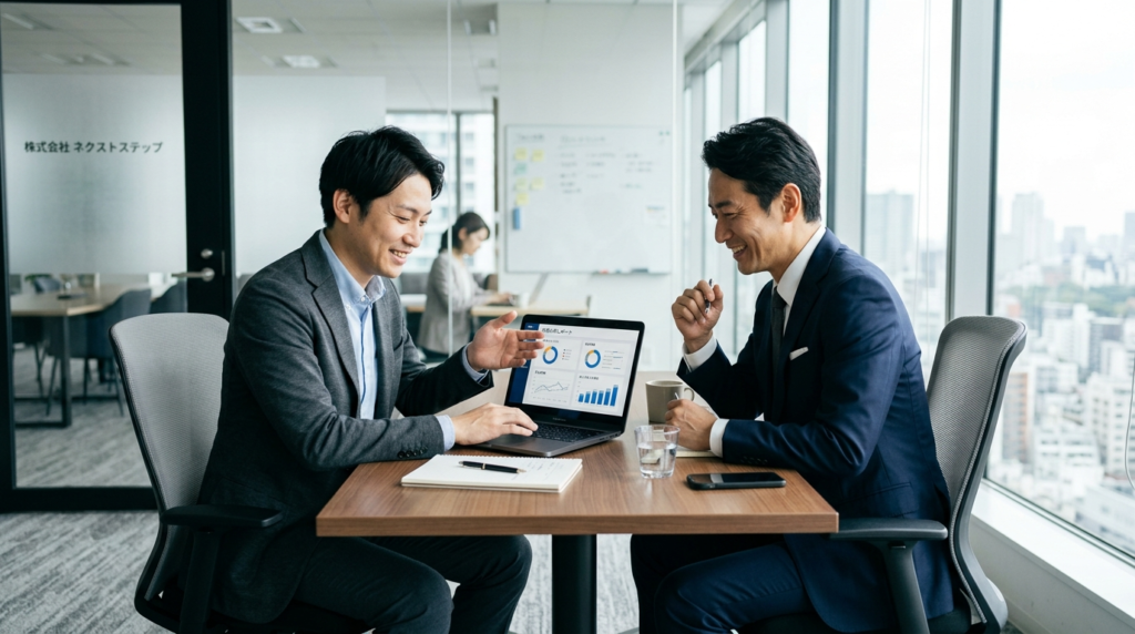 AI顧問セッションで経営者と専門家が一緒にGPTsを構築・作業しているイメージ