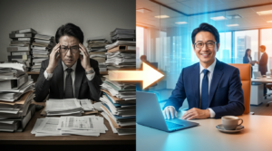 Claude Code導入による経営者の働き方の変化。書類に追われていた状態から、AIに作業を任せて余裕を持って働く状態へ