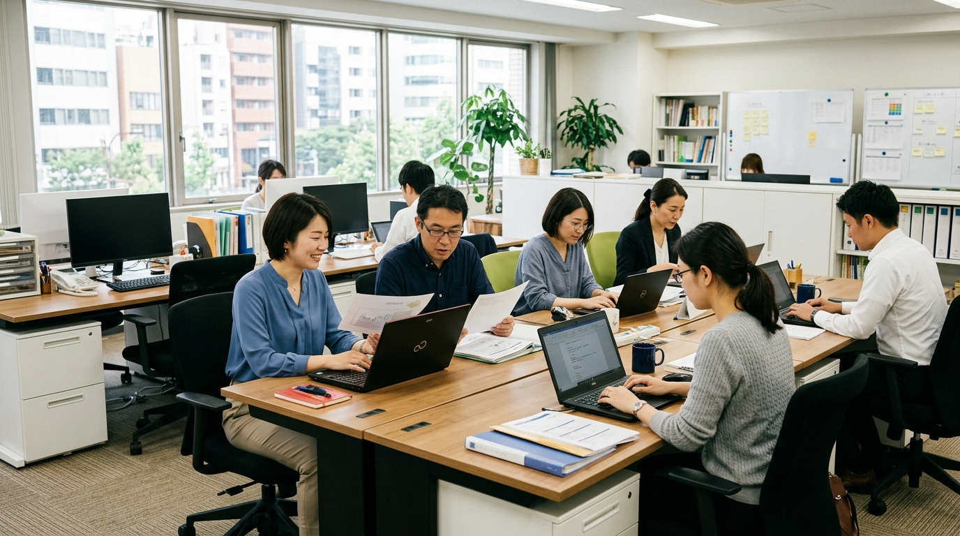 オフィスで非エンジニアの社員がパソコンを使い資料を作成している様子