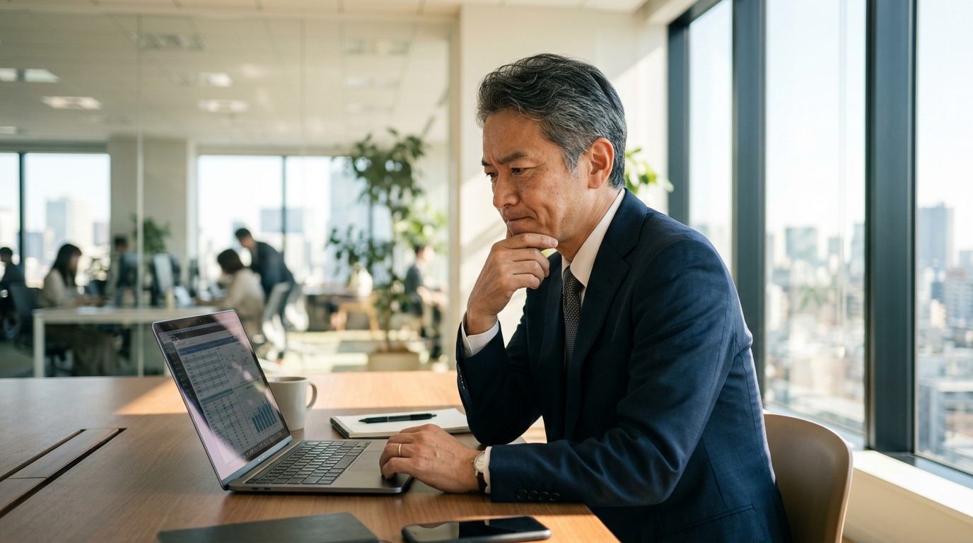 神戸の中小企業の経営者がノートパソコンの画面を見て考えている様子
