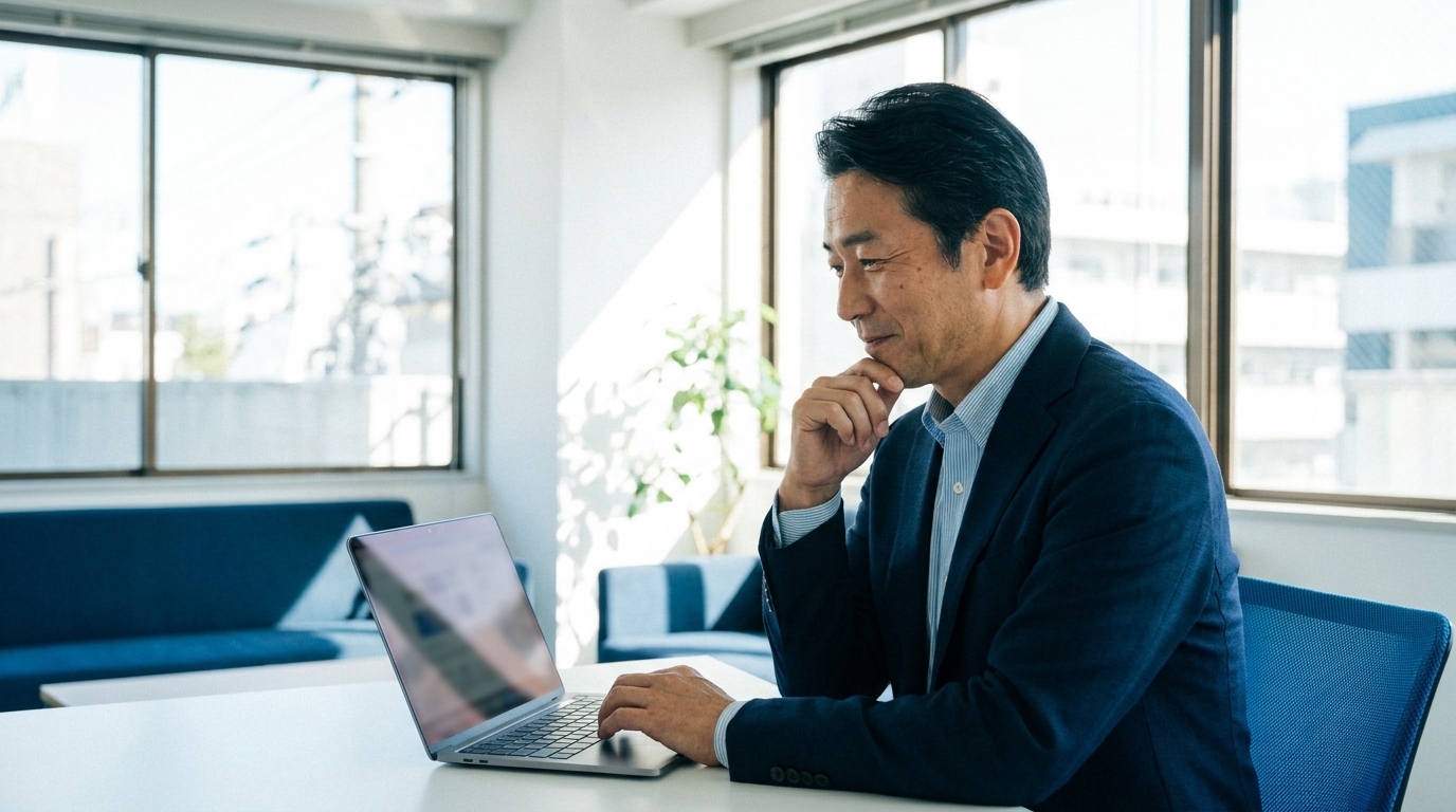神戸の中小企業の経営者がパソコンでAIを使いながら業務を進めている様子