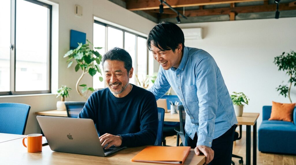 神戸の中小企業の経営者とスタッフが一緒にパソコンでAIを使いながら和やかに業務を進めている様子
