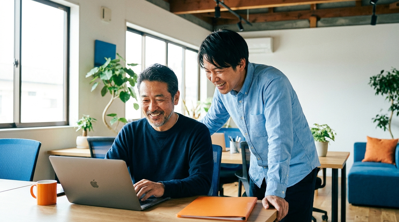神戸の中小企業の経営者とスタッフが一緒にパソコンでAIを使いながら和やかに業務を進めている様子