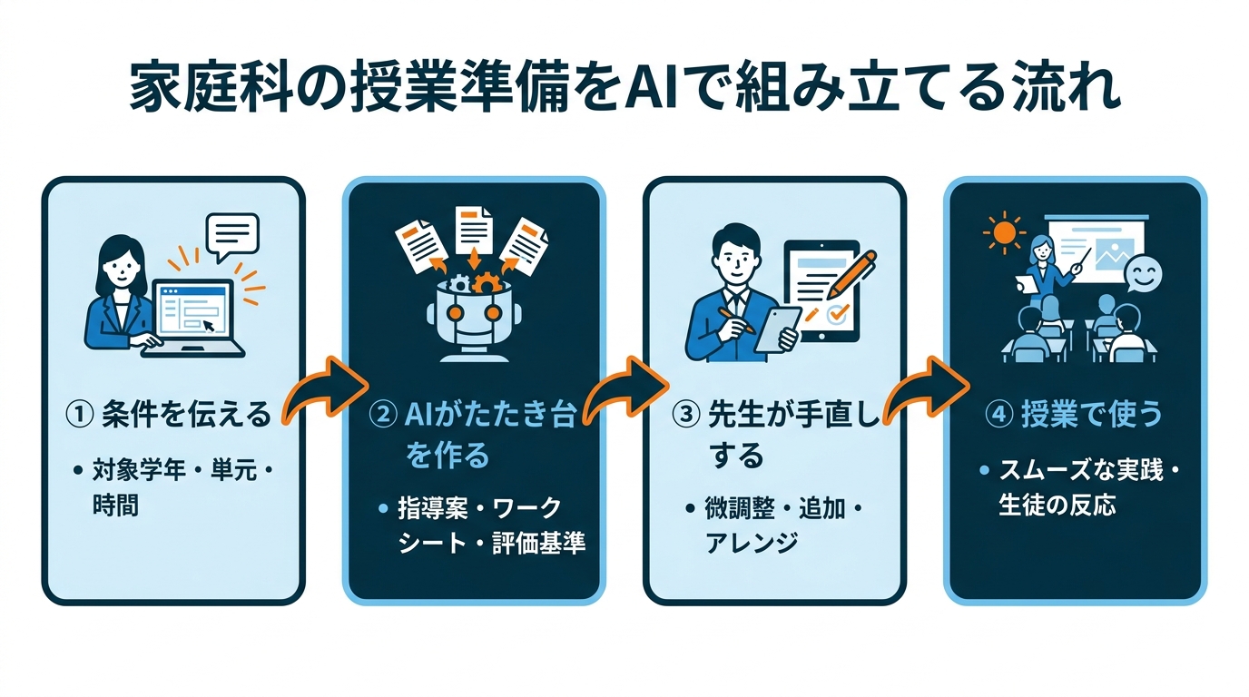 家庭科の授業準備に生成AIを使う4ステップの流れの図解