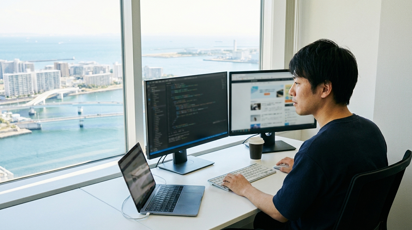 神戸・六甲アイランドのオフィスでワードプレスサイトの復旧作業を進めている技術者の様子
