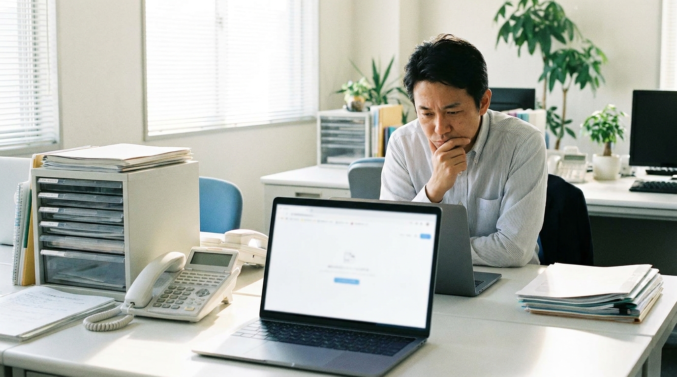 ホームページが表示されない状況をノートパソコンで確認している中小企業の担当者の様子