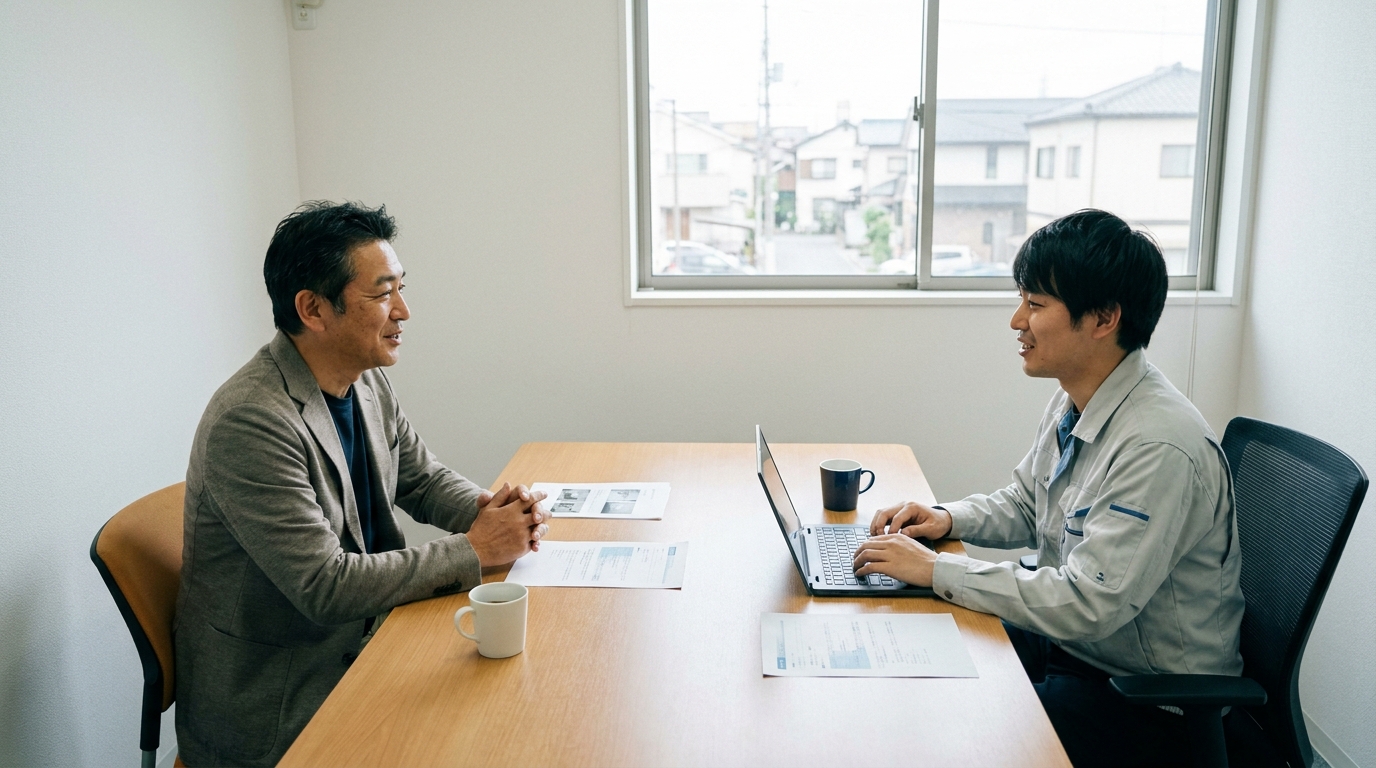 神戸の会議室でサイト更新の進め方を打ち合わせしている経営者と技術担当者の様子