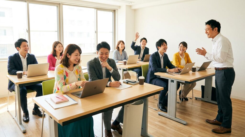 明るい研修室で受講者が笑顔でノートパソコンを操作しながらAIセミナーを受けている様子