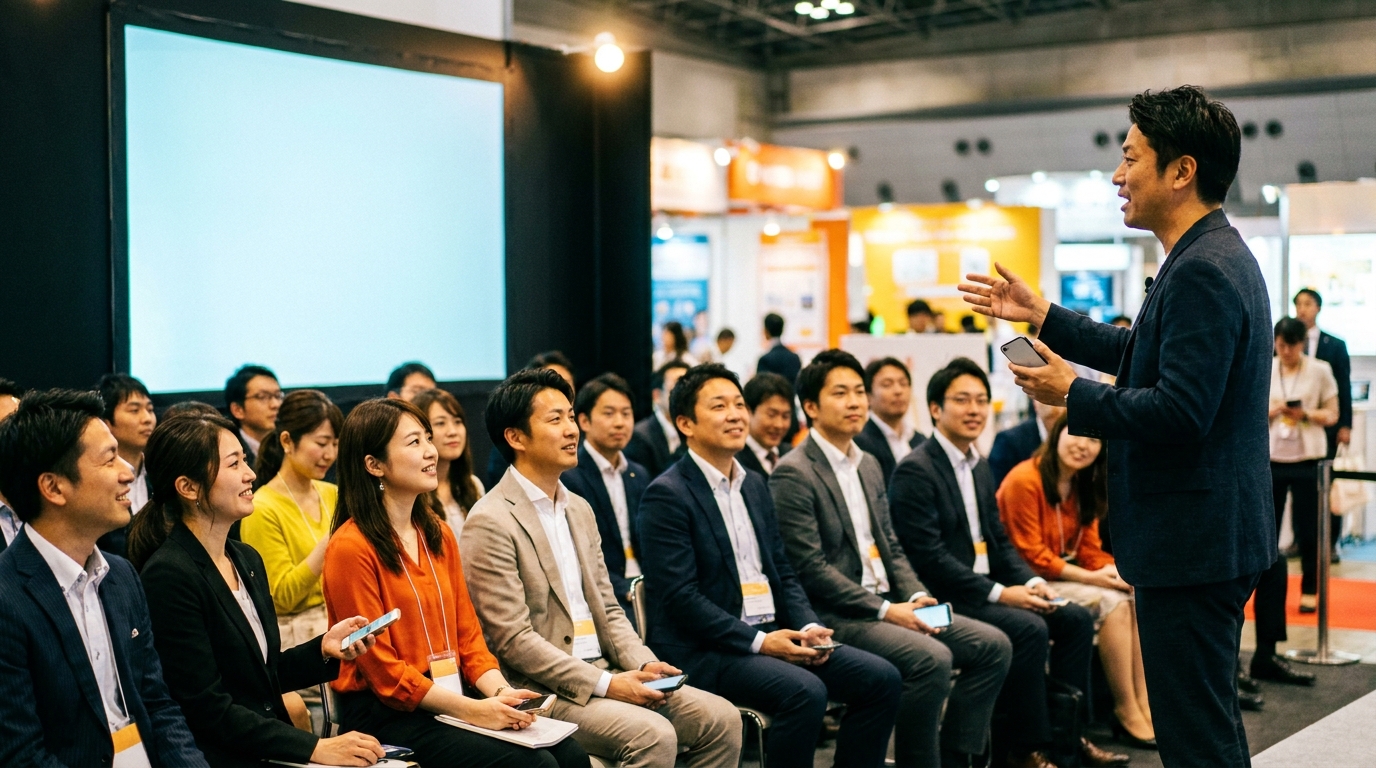 展示会のセミナーステージで登壇者が話し、聴衆がスマートフォンを手に聴き入っている様子