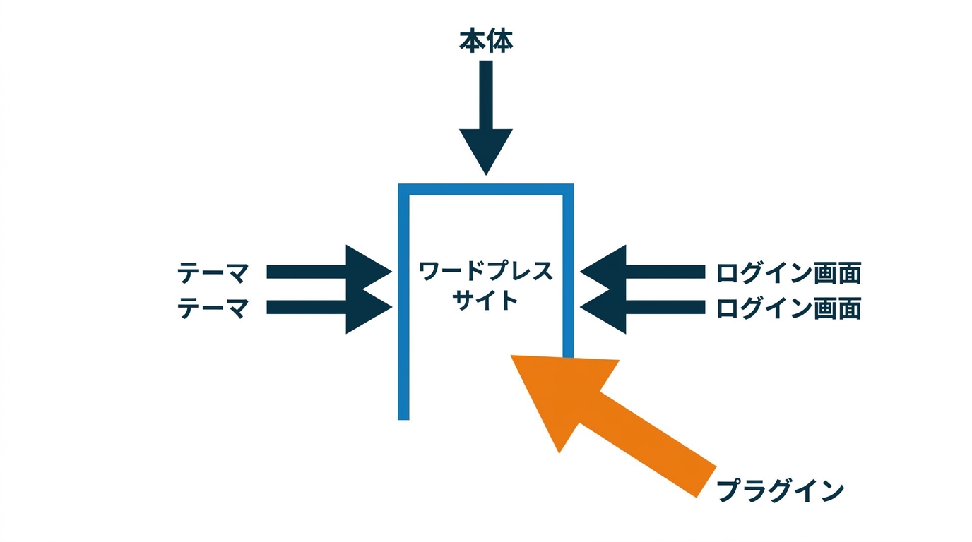 ワードプレスへの侵入経路をプラグイン・テーマ・本体・ログインに分けて示した図解
