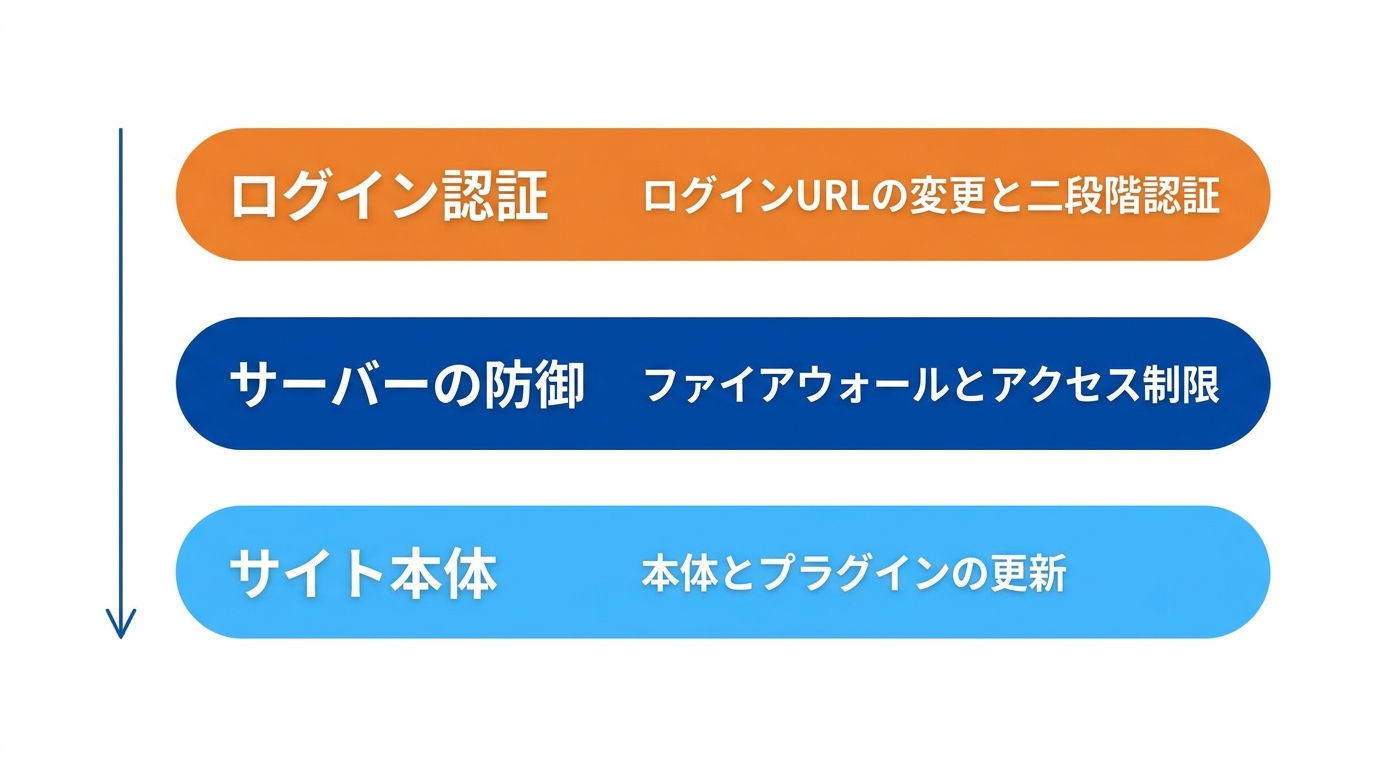 ワードプレスの予防セキュリティ強化を本体更新・サーバー防御・認証強化の3層で示した図解