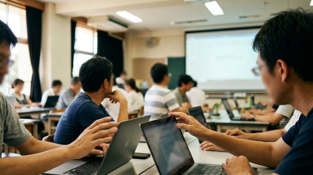 教職員向けAI活用研修でノートパソコンを操作する参加者