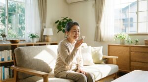 高齢者向けAI音声会話サービス「ひなたバディ」の利用イメージ｜スマートフォンに話しかける日本人の高齢女性