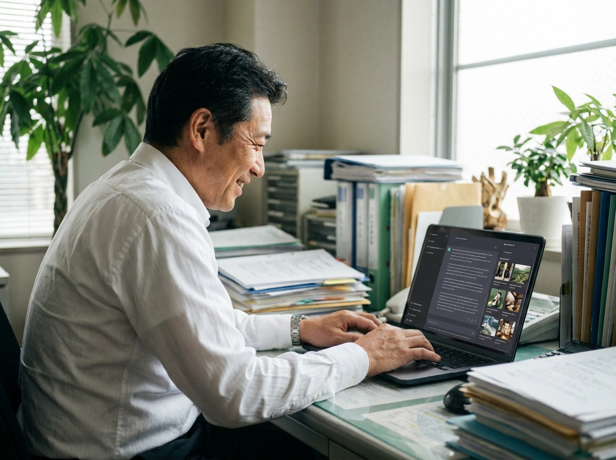 ノートパソコンでAIを試す経営者