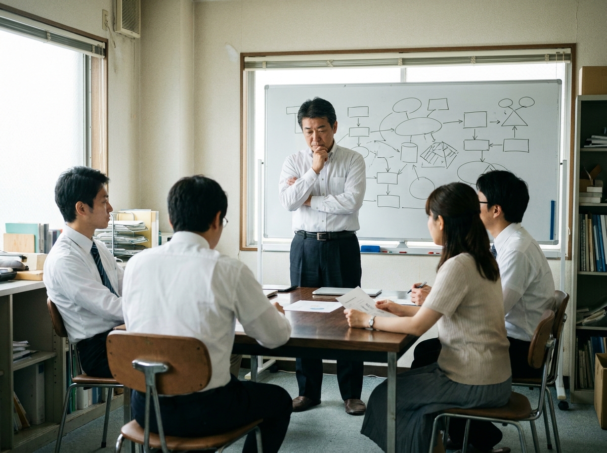 会議室で考え込む経営者と社員