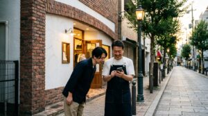 神戸の商店街の店先で、店主とスタッフがスマートフォンのAIを一緒に見ている様子（イメージ）